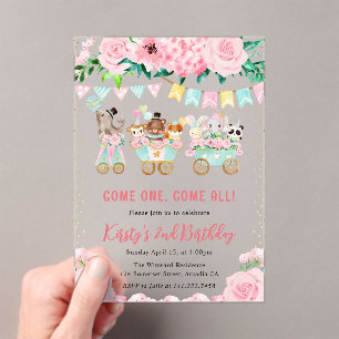 Invitations En Acrylique Aquarelle Floral Rose Circus Animaux Anniversaire