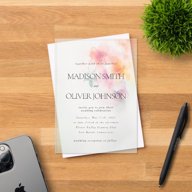 Invitations En Acrylique Aquarelle florale Élégant Mariage clair (Insitu (Carte d'invitation))