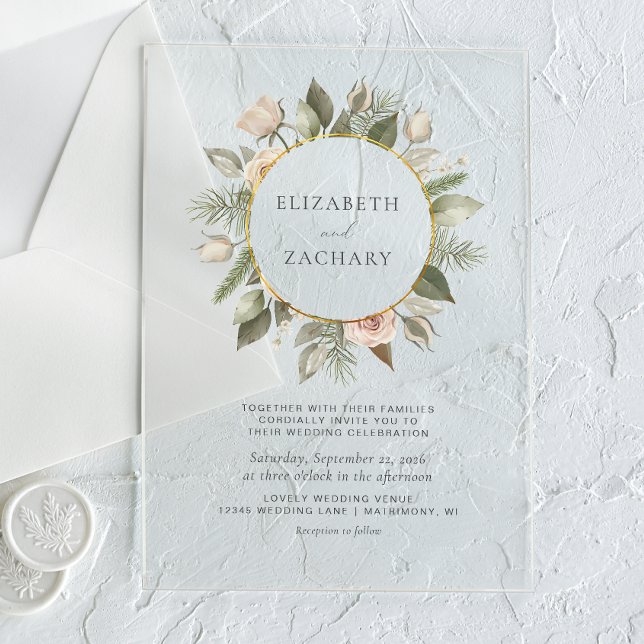 Invitations En Acrylique Aquarelle florale ivoire Mariage du cercle d'or (Créateur téléchargé)