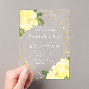 Invitations En Acrylique Aquarelle Jaune Floral Bat mitzvah or