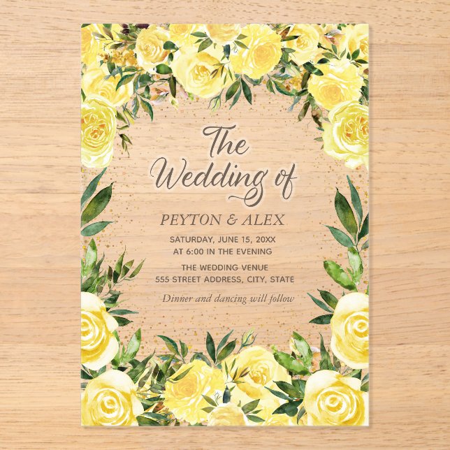Invitations En Acrylique Aquarelle jaune Floral Parties scintillant or Mari (Recto)