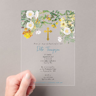 Invitations En Acrylique Aquarelle jaune Rose Fleur Jardin Garçon Baptême