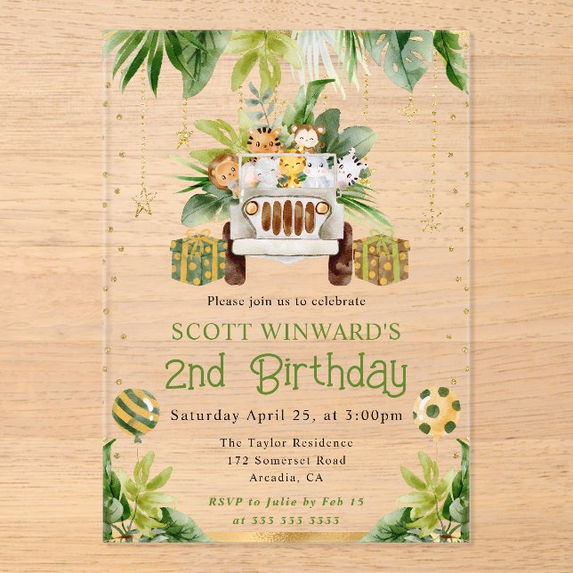 Invitations En Acrylique Aquarelle Jungle Animaux Anniversaire de enfant (Recto)