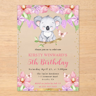 Invitations En Acrylique Aquarelle Koala Mignon & Fleurs Tropicales Anniver