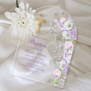 Invitations En Acrylique Aquarelle Lilac Fleurs Arc Baptême