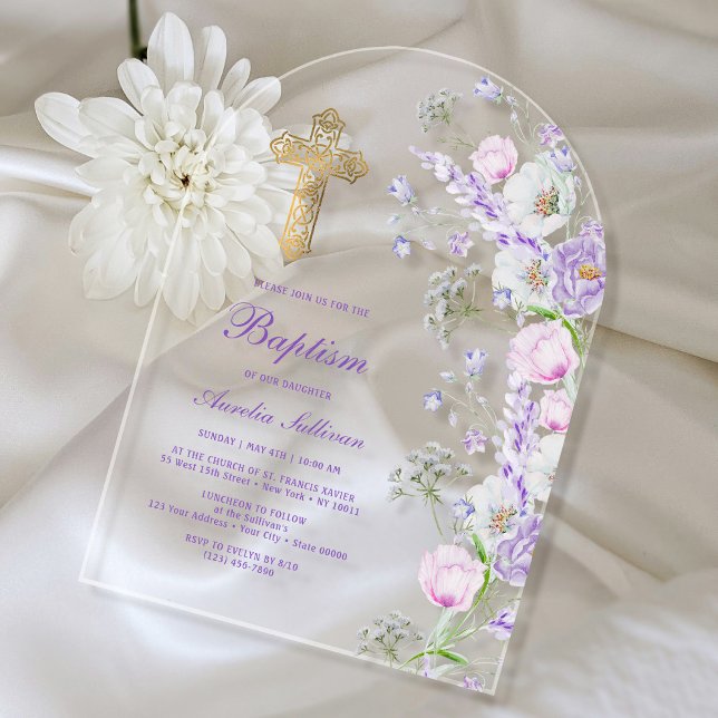 Invitations En Acrylique Aquarelle Lilac Fleurs Arc Baptême (Créateur téléchargé)