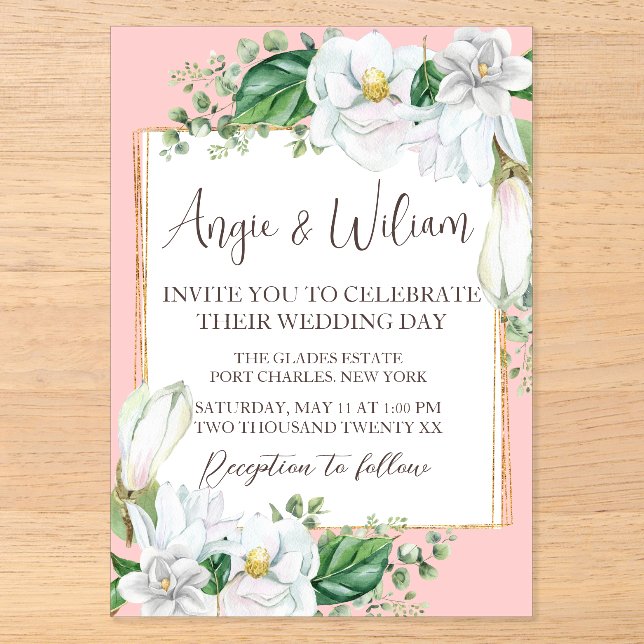Invitations En Acrylique Aquarelle Magnolia Blush Mariage (Recto)