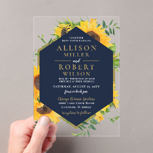 Invitations En Acrylique Aquarelle Marine Bleu Tournesol Mariage rustique