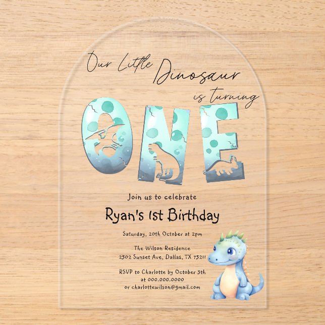 Invitations En Acrylique Aquarelle mignonne Bébé Dinosaure 1er anniversaire (Recto)