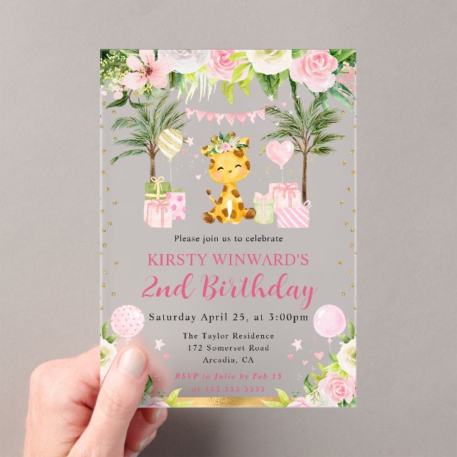 Invitations En Acrylique Aquarelle mignonne rose Jungle Giraffe Anniversair (In situ (ordinateur de poche))