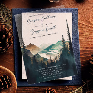 Invitations En Acrylique Aquarelle Montagnes Forêt de Pins Écriture Mariage