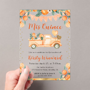 Invitations En Acrylique Aquarelle Orange Camion et Fleurs Quinceanera