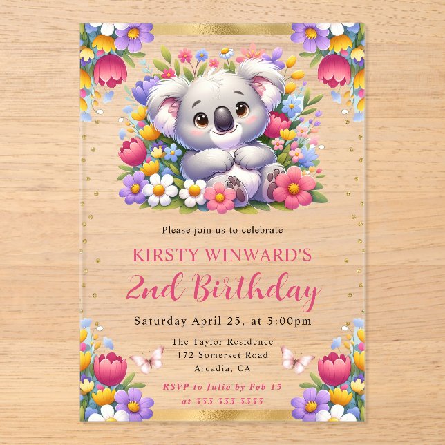 Invitations En Acrylique Aquarelle Pâques Koala & Fleurs de printemps Anniv (Recto)