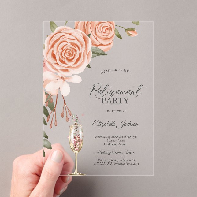Invitations En Acrylique Aquarelle Peach Blush Flower Champagne Retirement (In situ (ordinateur de poche))