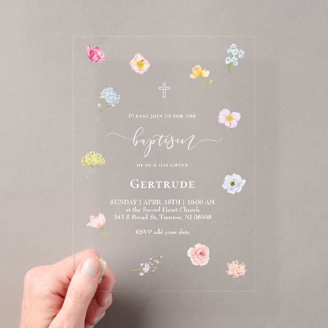 Invitations En Acrylique aquarelle petites fleurs Baptême (In situ (ordinateur de poche))
