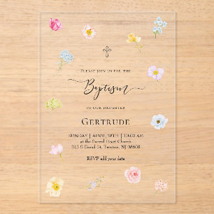 Invitations En Acrylique aquarelle petites fleurs Baptême