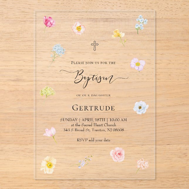 Invitations En Acrylique aquarelle petites fleurs Baptême (Recto)