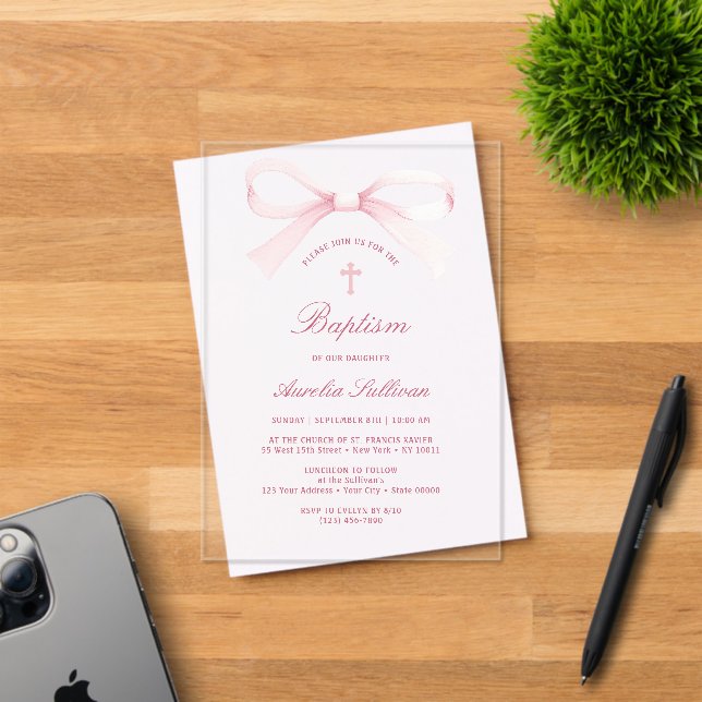 Invitations En Acrylique Aquarelle Pink Bow Baptism (Insitu (Carte d'invitation))