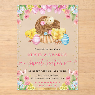 Invitations En Acrylique Aquarelle Poussins de Pâques et Gâteau Printemps S