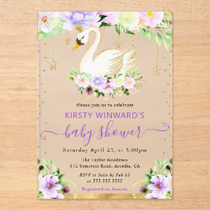 Invitations En Acrylique Aquarelle Purple & Fleurs de crème Baby shower de 