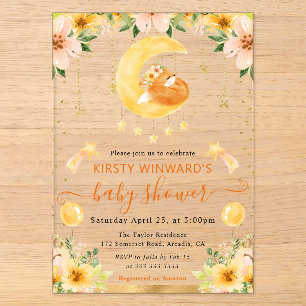 Invitations En Acrylique Aquarelle Renard Floral Mignon sur la Lune Baby Sh