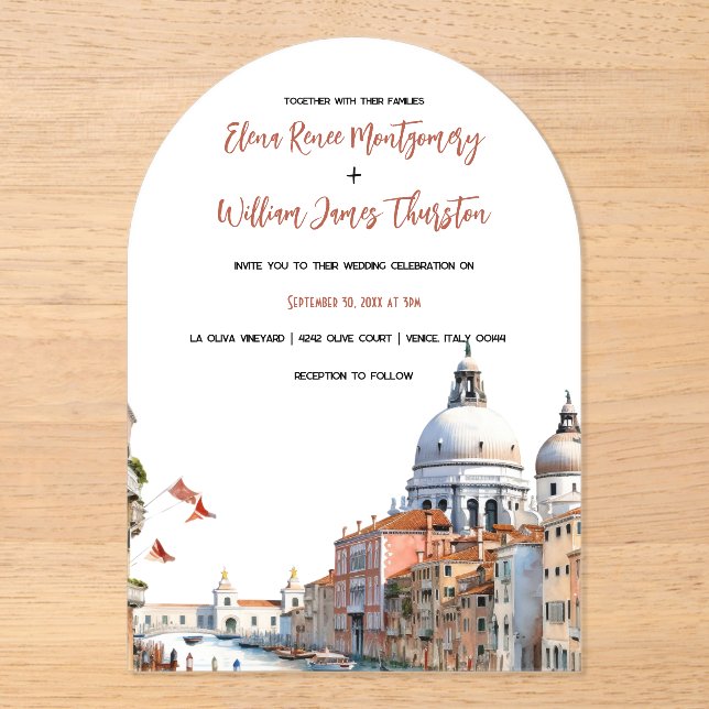 Invitations En Acrylique Aquarelle romantique Italie Destination Mariage (Recto)