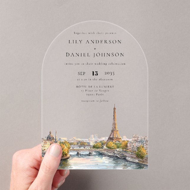 Invitations En Acrylique Aquarelle romantique Paris France Arc Mariage (In situ (ordinateur de poche))