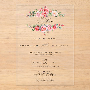 Invitations En Acrylique Aquarelle romantique Roses roses roses et calligra
