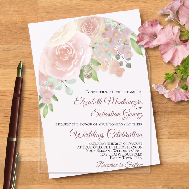 Invitations En Acrylique Aquarelle rose Boho Roses Élégant Mariage Arc (Créateur téléchargé)