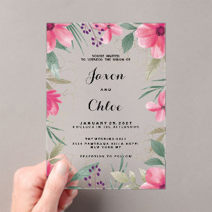 Invitations En Acrylique Aquarelle rose clair or Mariage floral