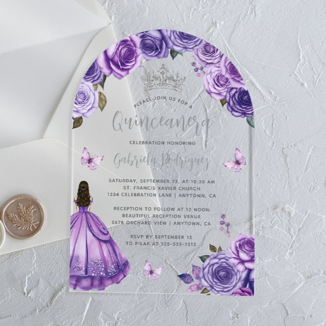 Invitations En Acrylique Aquarelle Rose d'argent pourpre Quinceañera (Créateur téléchargé)
