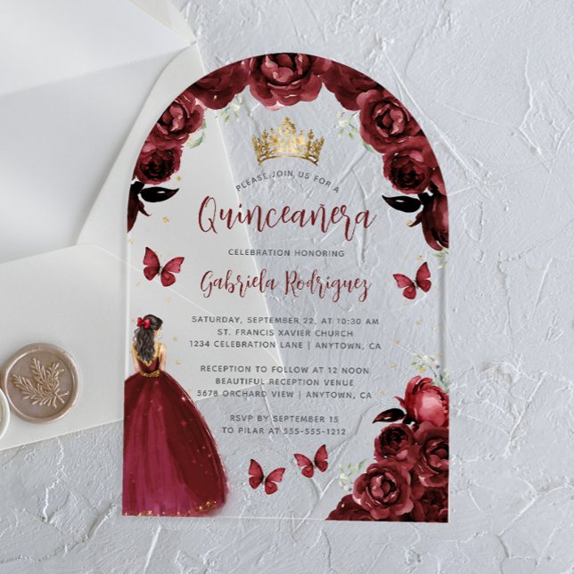 Invitations En Acrylique Aquarelle Rose de Bourgogne Quinceañera (Créateur téléchargé)