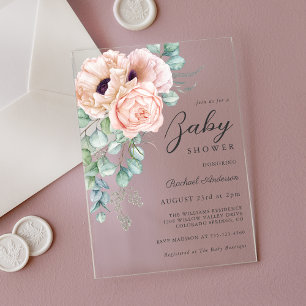 Invitations En Acrylique Aquarelle rose feminine Baby shower Floral