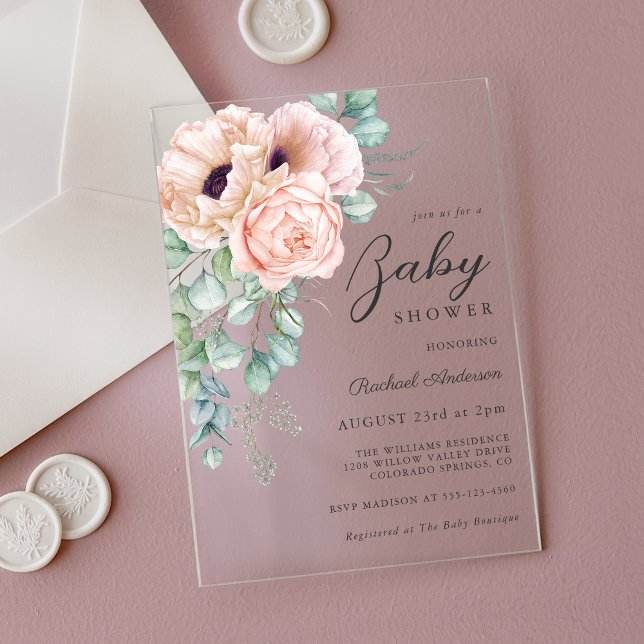 Invitations En Acrylique Aquarelle rose feminine Baby shower Floral (Créateur téléchargé)