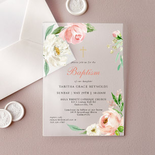 Invitations En Acrylique Aquarelle rose féminine Floral Baptême religieux