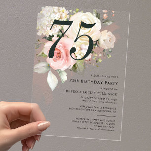 Invitations En Acrylique Aquarelle rose florale 75e fête d'anniversaire