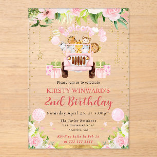 Invitations En Acrylique Aquarelle rose Jungle Animaux Anniversaire de enfa