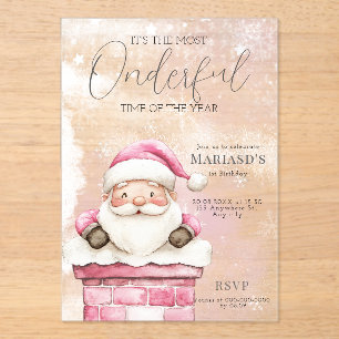Invitations En Acrylique aquarelle rose Noël Père Noël 1er anniversaire