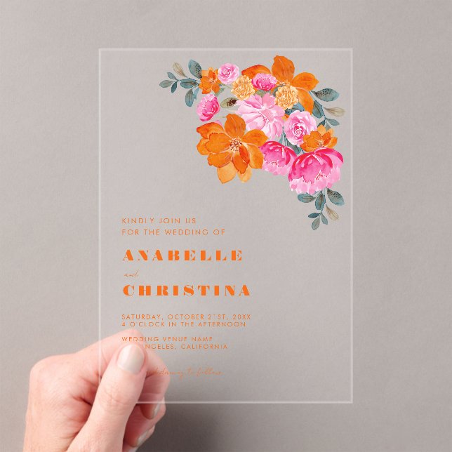 Invitations En Acrylique Aquarelle rose orange Floral Mariage transparent (In situ (ordinateur de poche))