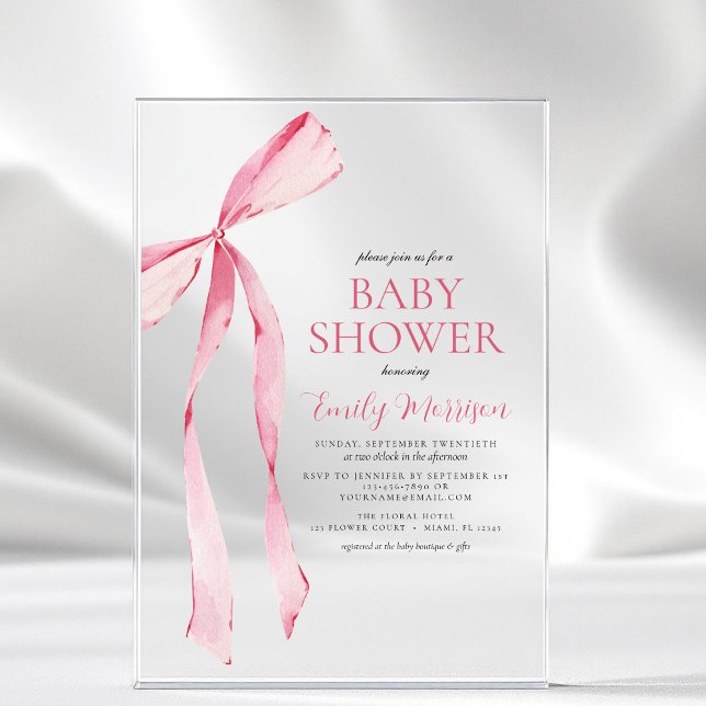 Invitations En Acrylique Aquarelle rose pâle Bow Girl Baby shower (Créateur téléchargé)
