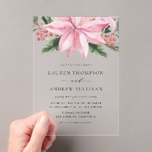 Invitations En Acrylique Aquarelle rose Poinsettia Floral Mariage d'hiver