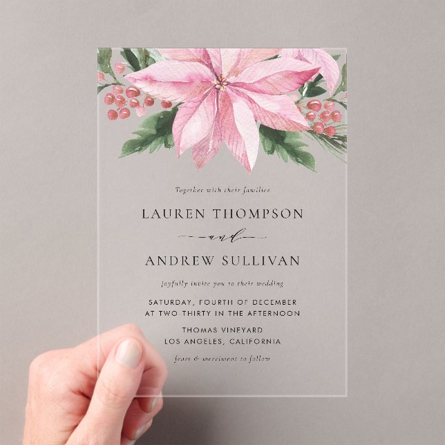 Invitations En Acrylique Aquarelle rose Poinsettia Floral Mariage d'hiver (In situ (ordinateur de poche))