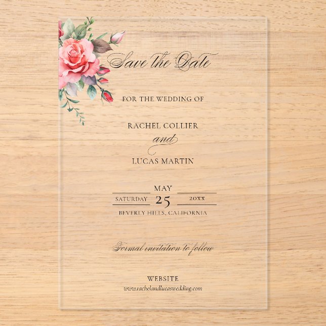 Invitations En Acrylique Aquarelle rose roses et calligraphie Enregistrer l (Recto)