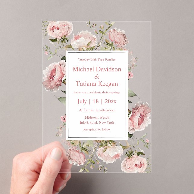 Invitations En Acrylique aquarelle rose script fleurs florales mariage (In situ (ordinateur de poche))