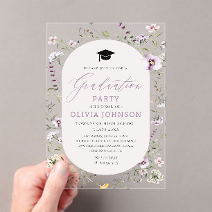 Invitations En Acrylique Aquarelle rose violet Fleur sauvage Graduation