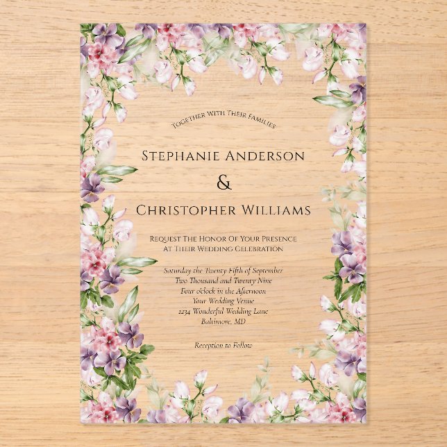 Invitations En Acrylique Aquarelle rose violet Mariage de verdure fleurie (Recto)