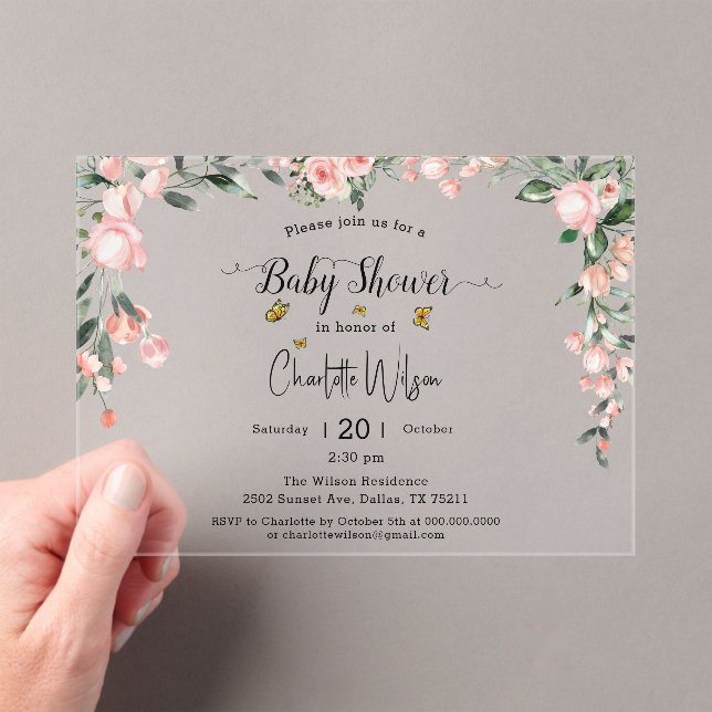 Invitations En Acrylique Aquarelle Roses roses avec Baby shower de papillon (In situ (ordinateur de poche))