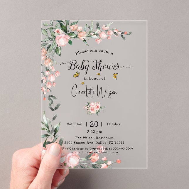 Invitations En Acrylique Aquarelle Roses roses avec Baby shower papillon (In situ (ordinateur de poche))