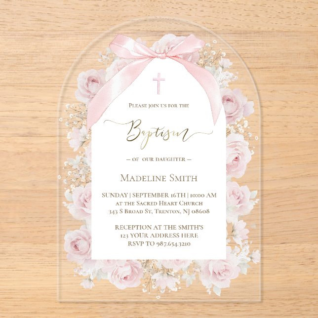 Invitations En Acrylique aquarelle roses roses Baptême (Recto)