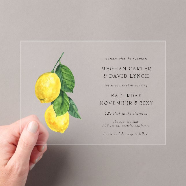 Invitations En Acrylique Aquarelle rustique Citrus Lemon Mariage (In situ (ordinateur de poche))